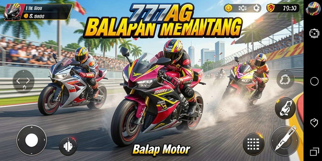 Screenshot utama 777AG menampilkan aksi balapan motor yang mendebarkan.